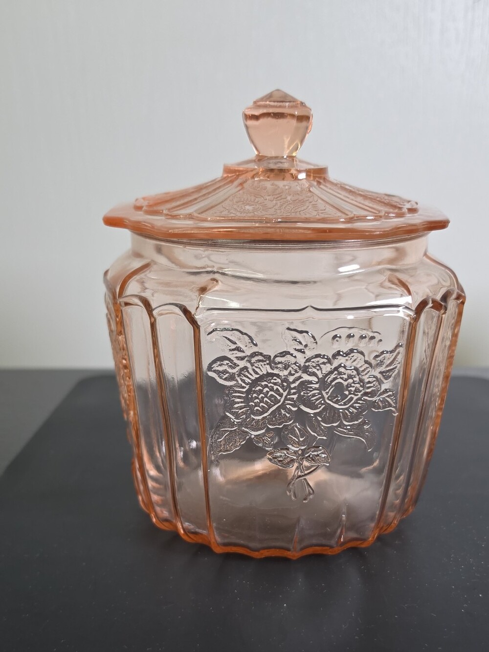 Vintage Anchor Hocking Mayfair Open Rose Pink Depression Glass Cookie Jar